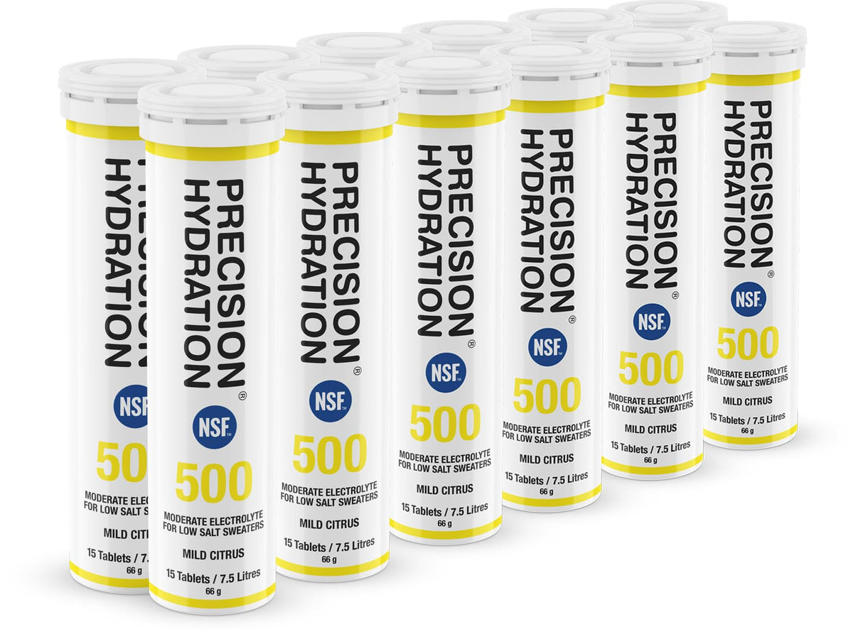 Tablettes Precision Hydration dans une boîte jaune, pratiques en déplacement.