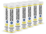Tablettes Precision Hydration dans une boîte jaune, pratiques en déplacement.