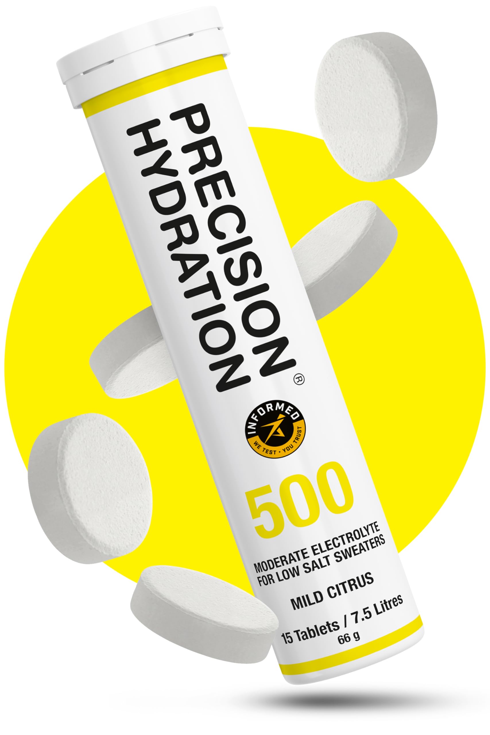 Precision Hydration : tube jaune contenant les tablettes pour hydratation sportive.