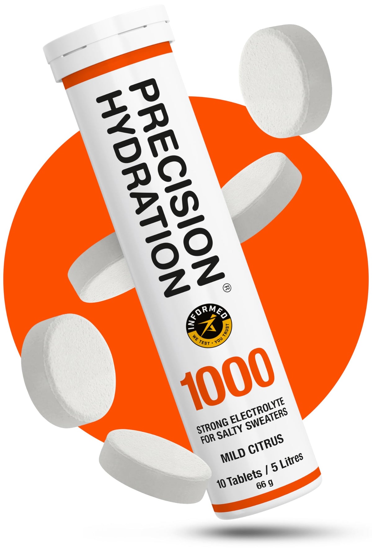 Precision Hydration - tube orange et tablettes électrolytes, réhydratation rapide pendant l'effort.