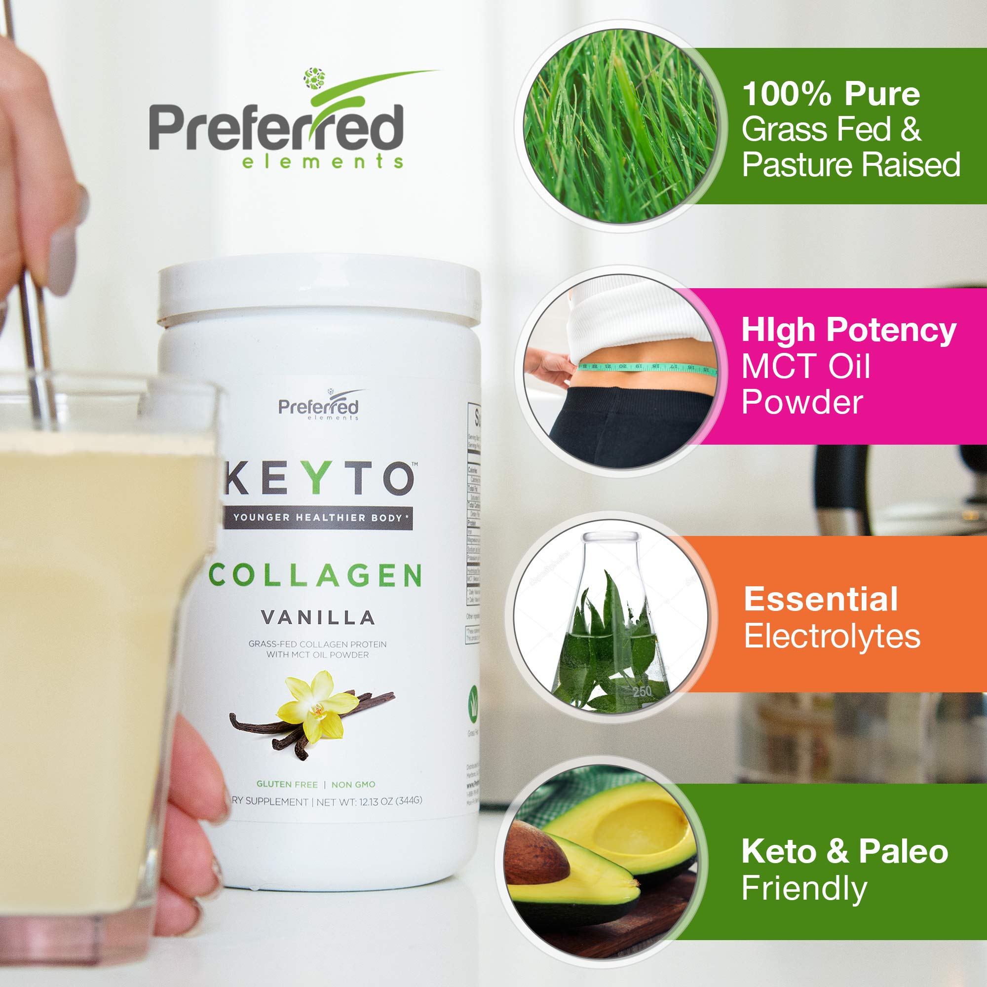 Poudre hydrolysée de collagène vanille en pot prête à être ajoutée aux smoothies.