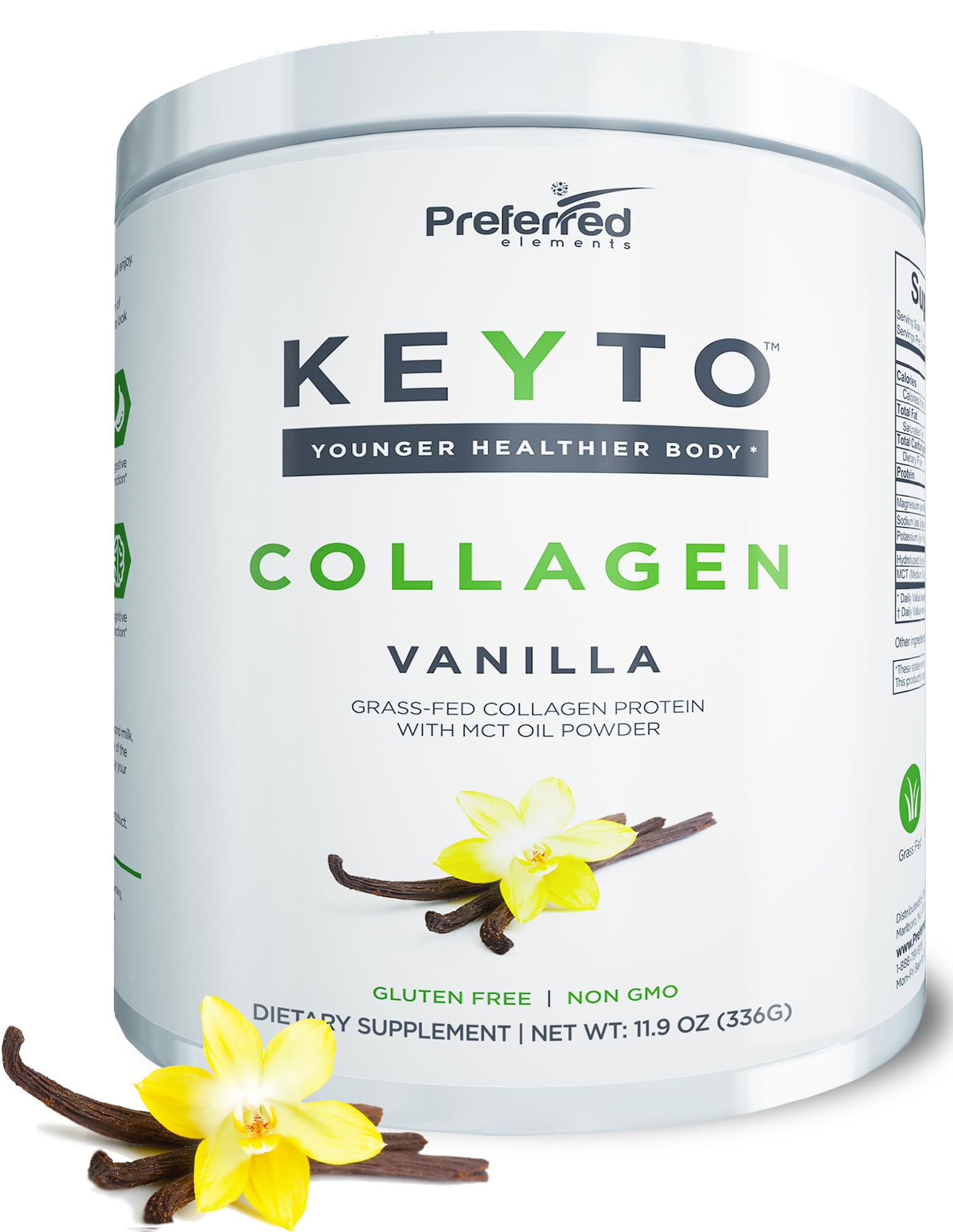 Preferred Elements Keto Collagène vanille dans un verre, énergie durable pour le matin.