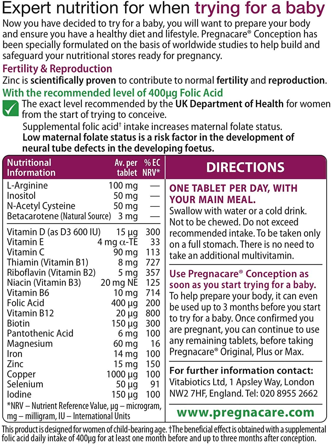Détail des comprimés et capsules Pregnacare Conception, routine préconceptionnelle équilibrée.