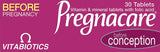 Vue du pack Pregnacare Conception, pratique pour une prise quotidienne simple.