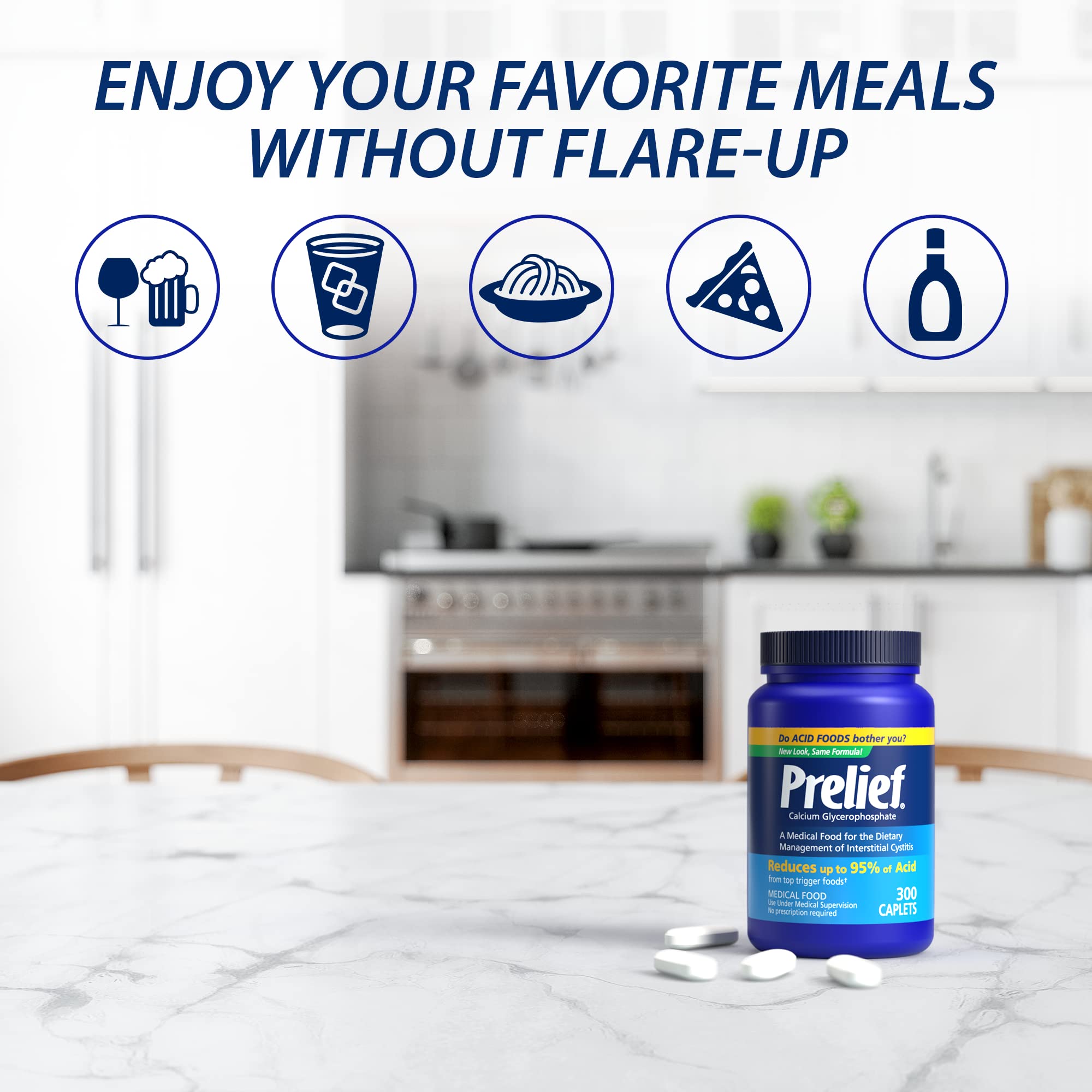 PRELIEF caplets 300, etiquette claire pour guide d’utilisation lors des repas.