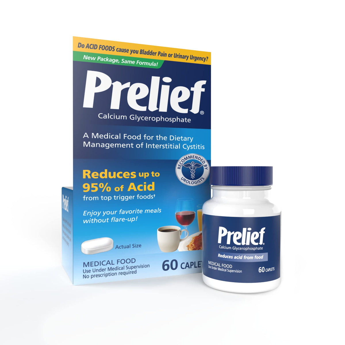 PRELIEF réducteur d'acide en bouteille de comprimés allongés, confort digestif durable.