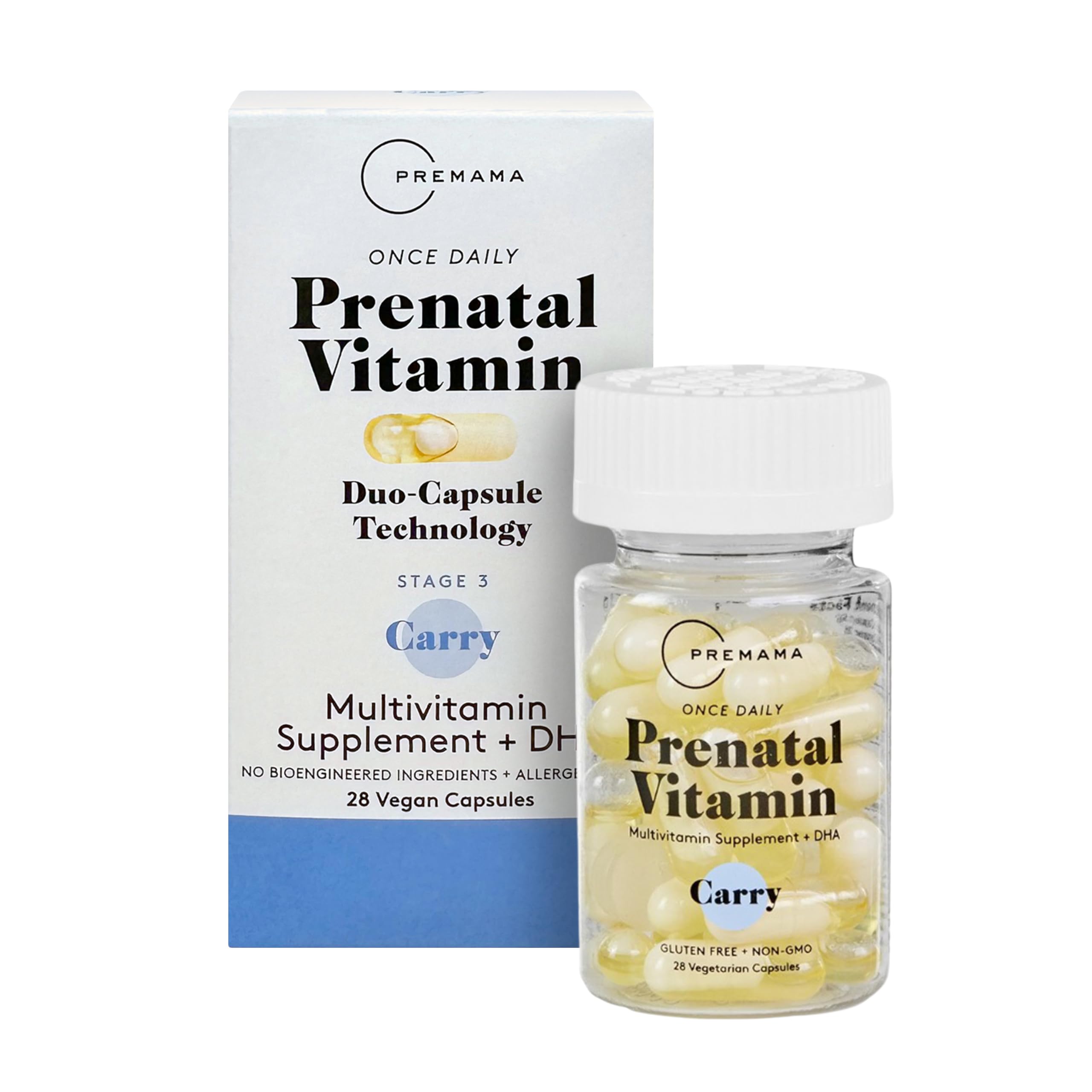 Premama vitamines prénatales en bouteille et gélules, soutien pratique pour la grossesse.