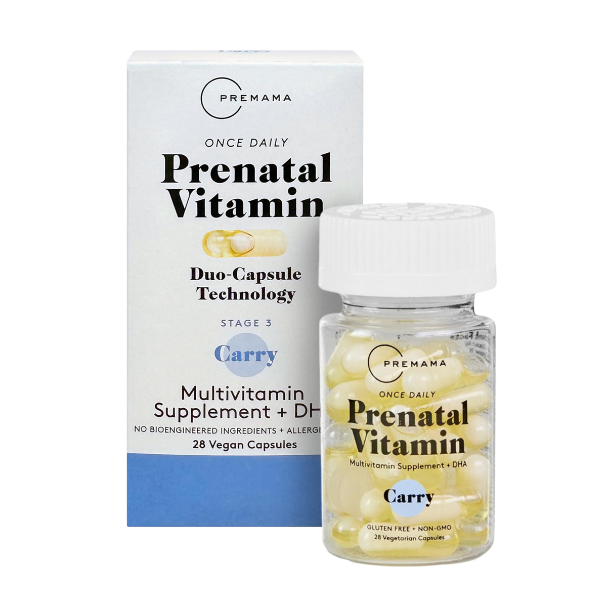 Premama vitamines prénatales en bouteille et gélules, soutien pratique pour la grossesse.