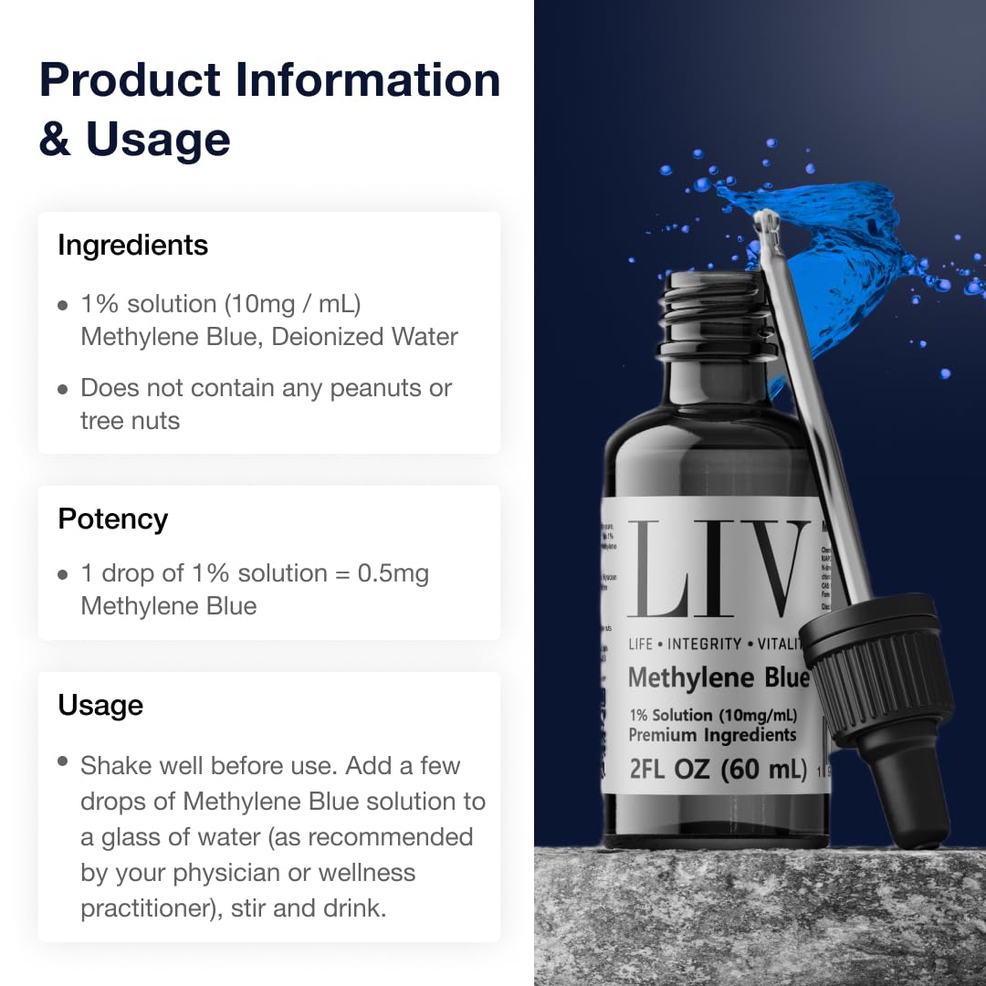 Premier Methylene Blue, flacon et pipette, facilite l'utilisation et le dosage.