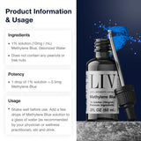 Premier Methylene Blue, flacon et pipette, facilite l'utilisation et le dosage.