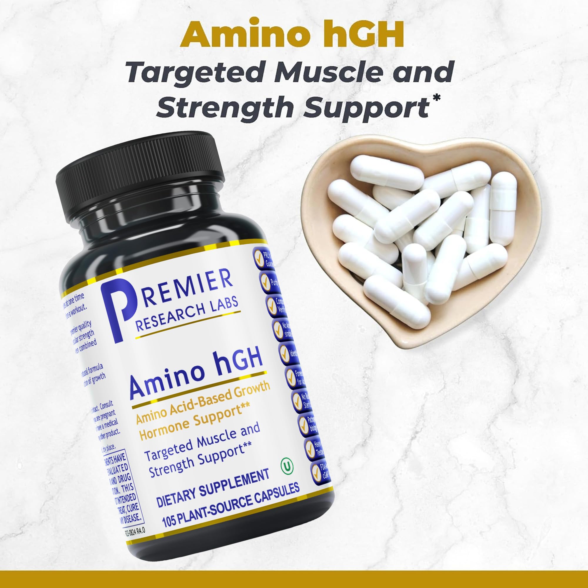 Capsules Amino HGH en gros plan, favorisant croissance musculaire et récupération