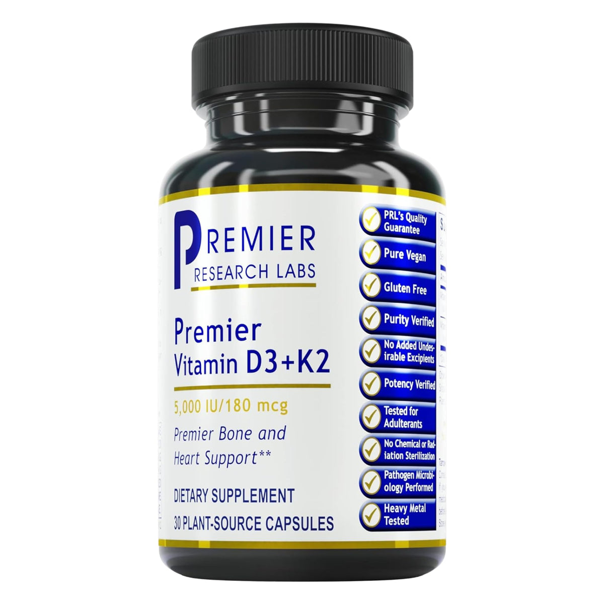 Premier Research Labs gélules vegan sans gluten pour soutien potentiel des os et du système vasculaire.