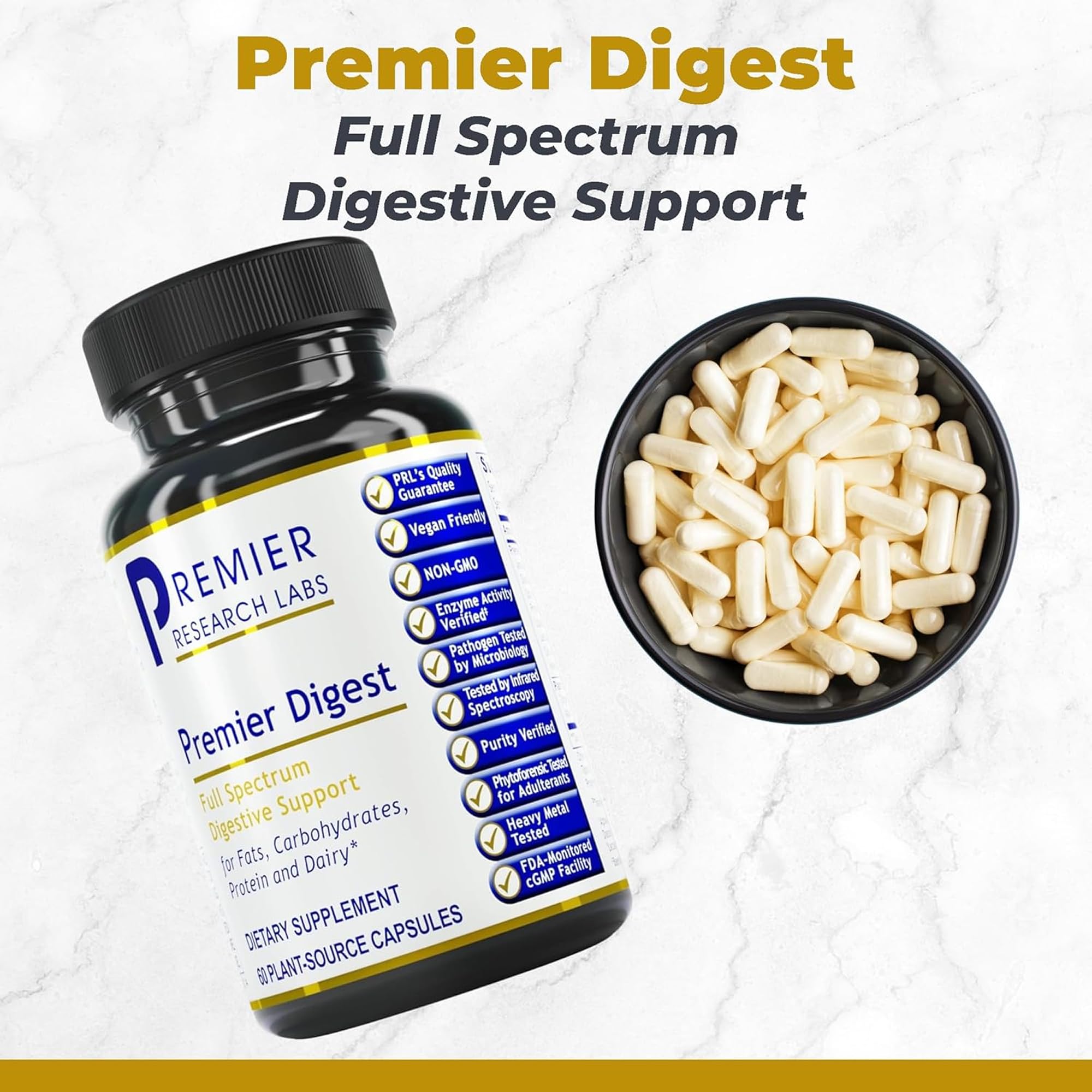 Étiquette Premier Research Labs Active Digestive Enzymes, soutien éventuel à l'équilibre intestinal.