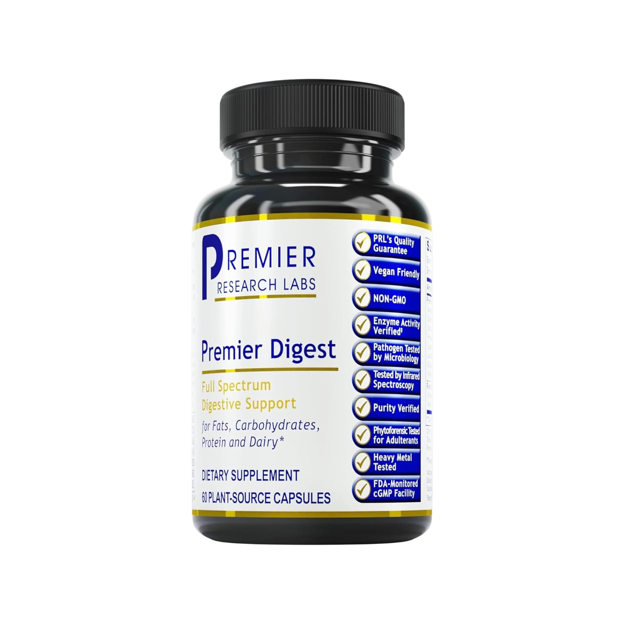 Flacon Premier Research Labs Active Digestive Enzymes, soutien digestif potentiel après repas.