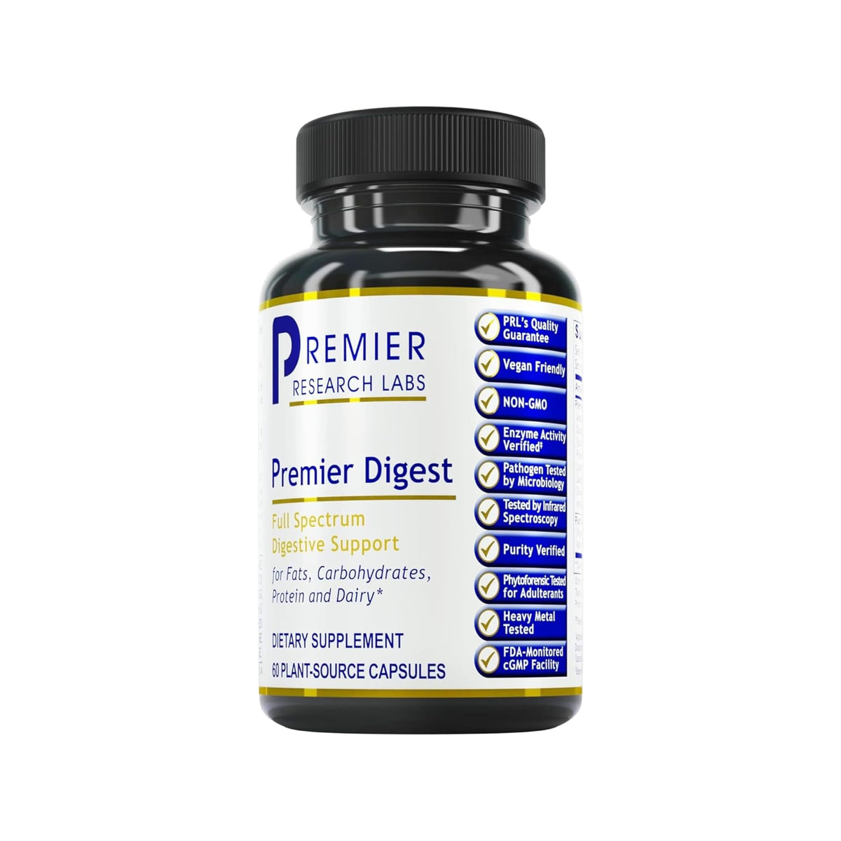 Flacon Premier Research Labs Active Digestive Enzymes, soutien digestif potentiel après repas.