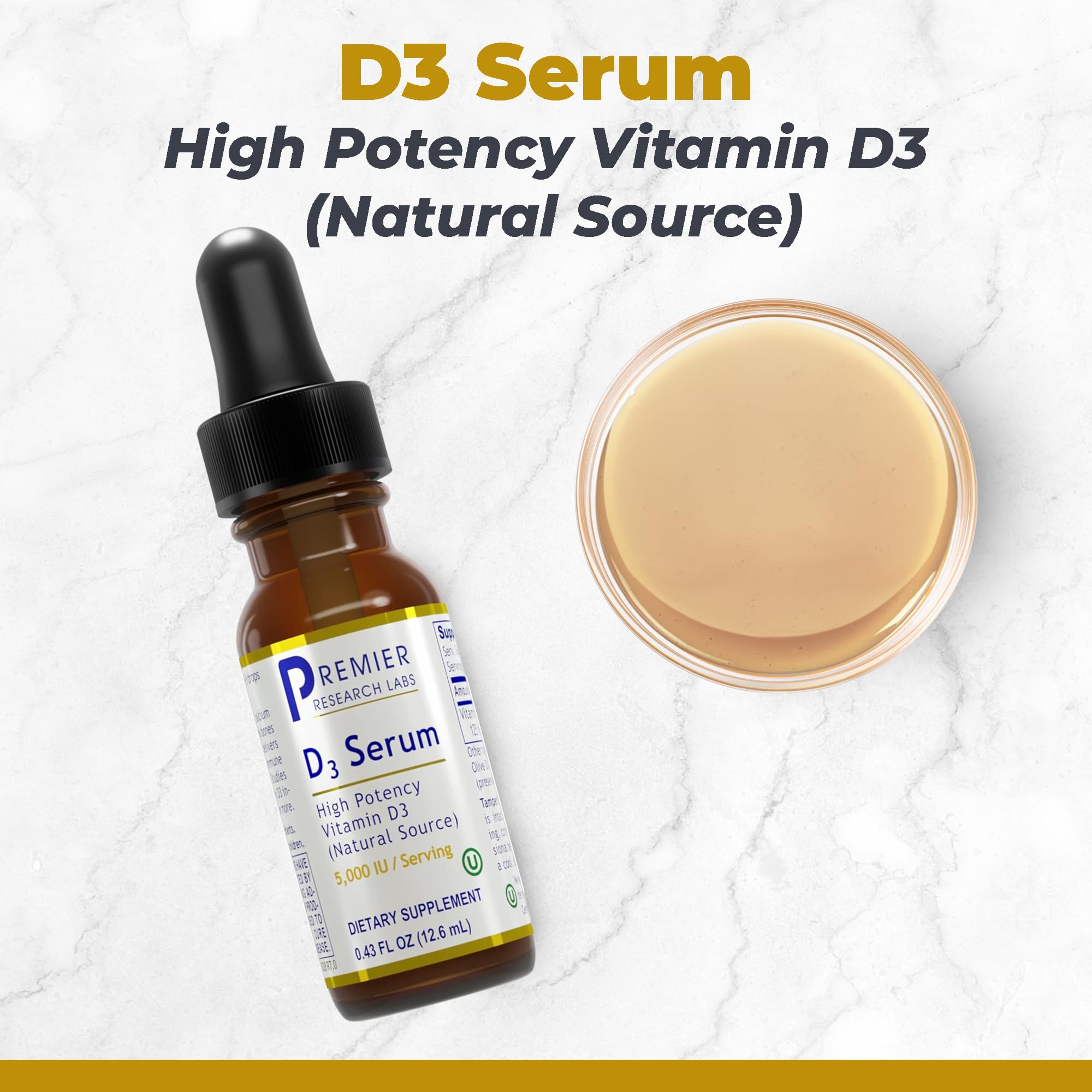 Premier Research Labs Sérum D3, gouttes liquides faciles à doser au quotidien.