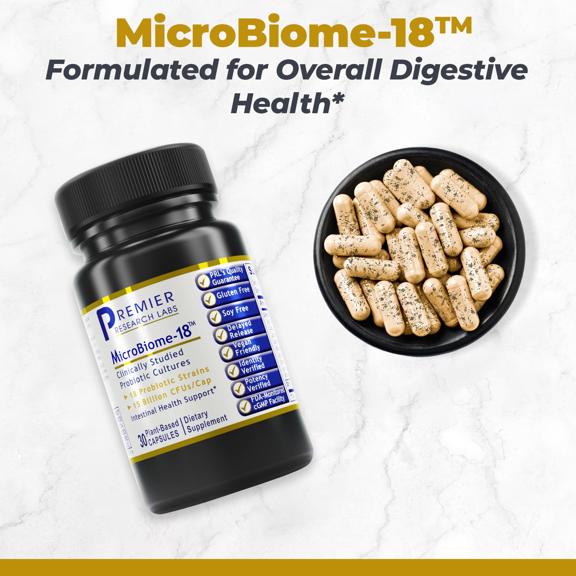 Premier Research Labs MicroBiome-18 : capsules visibles, utilisation facile chaque jour.