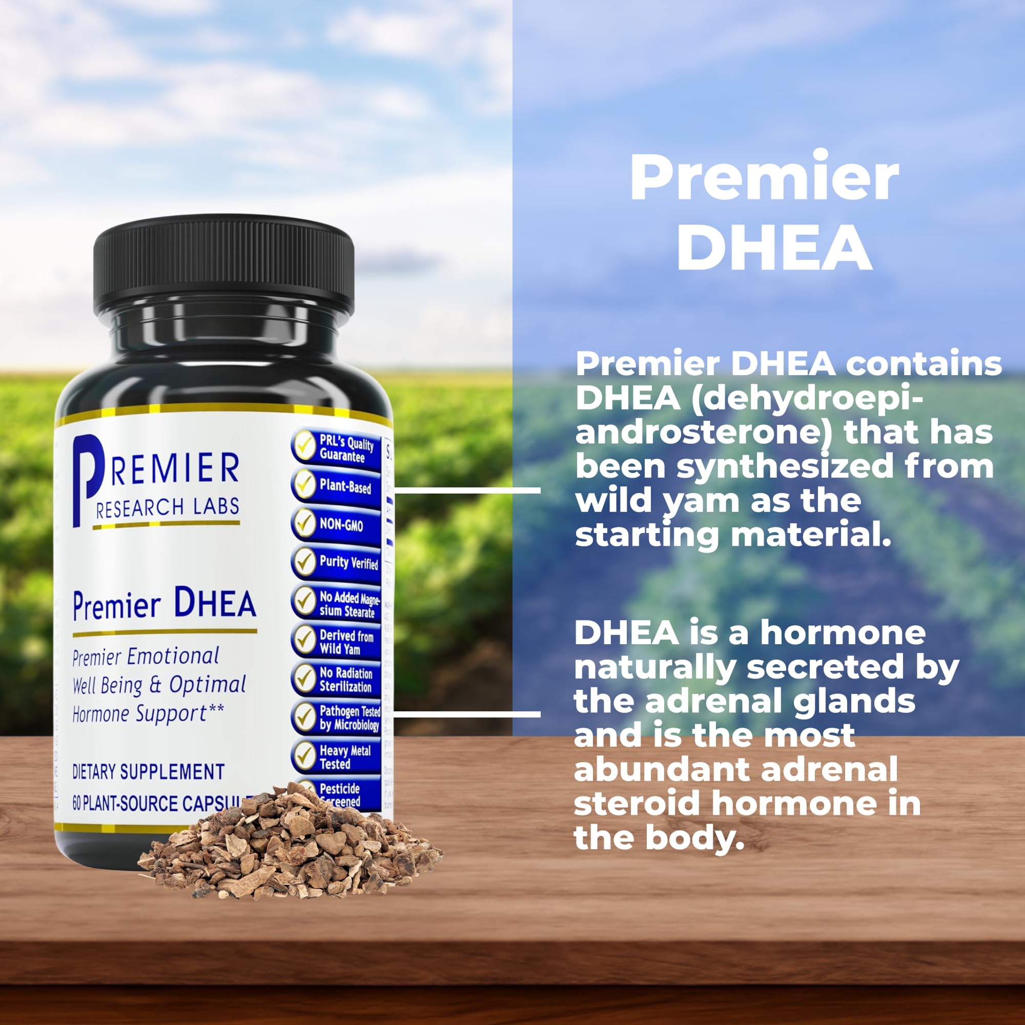 Premier DHEA : capsules véganes 25 mg, formulation adaptée à l'équilibre hormonal.