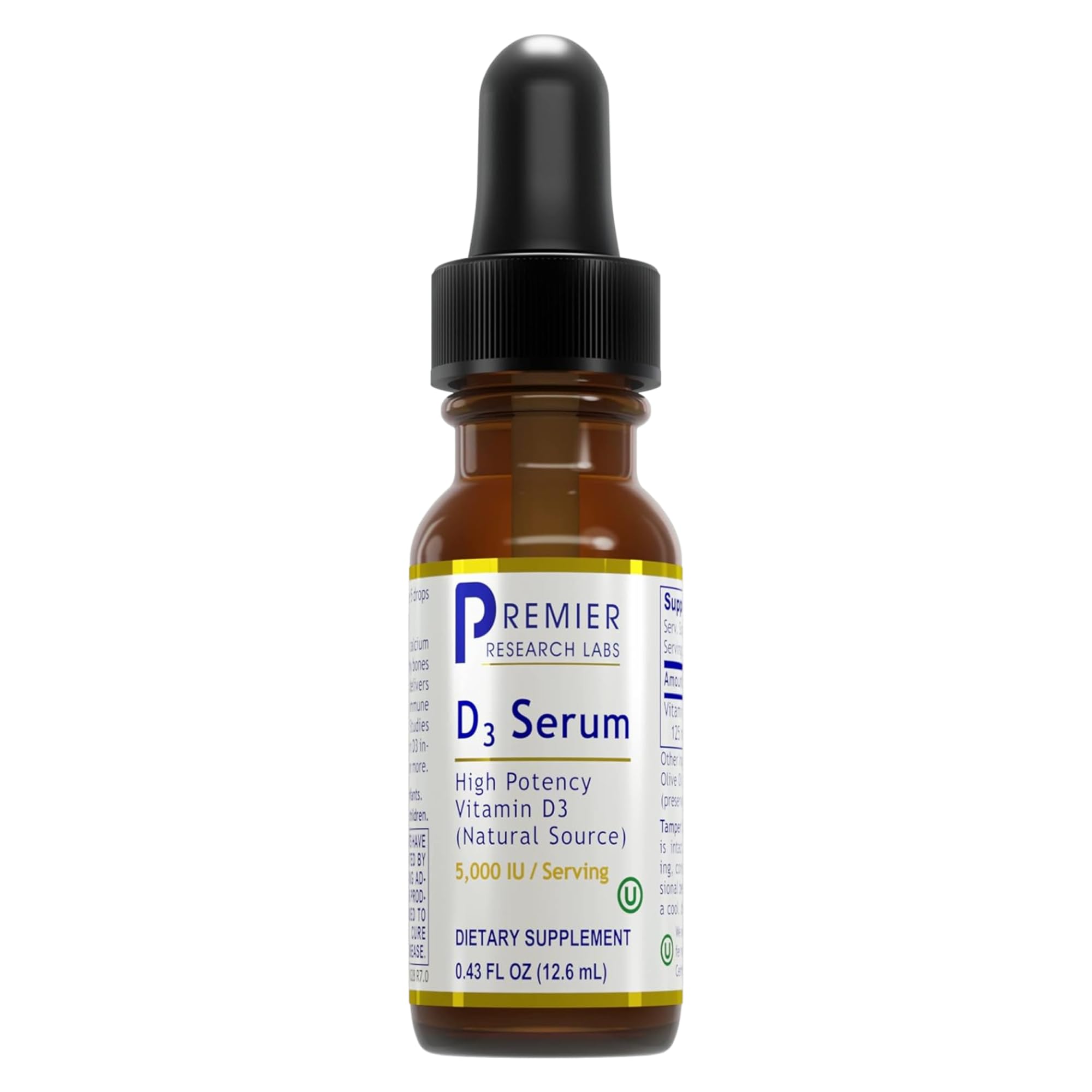 Premier Research Labs Sérum D3, flacon, prise sous la langue et absorption efficace.