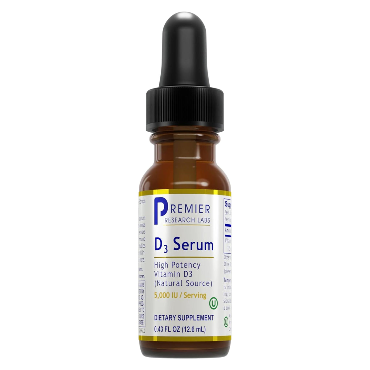 Premier Research Labs Sérum D3, flacon, prise sous la langue et absorption efficace.