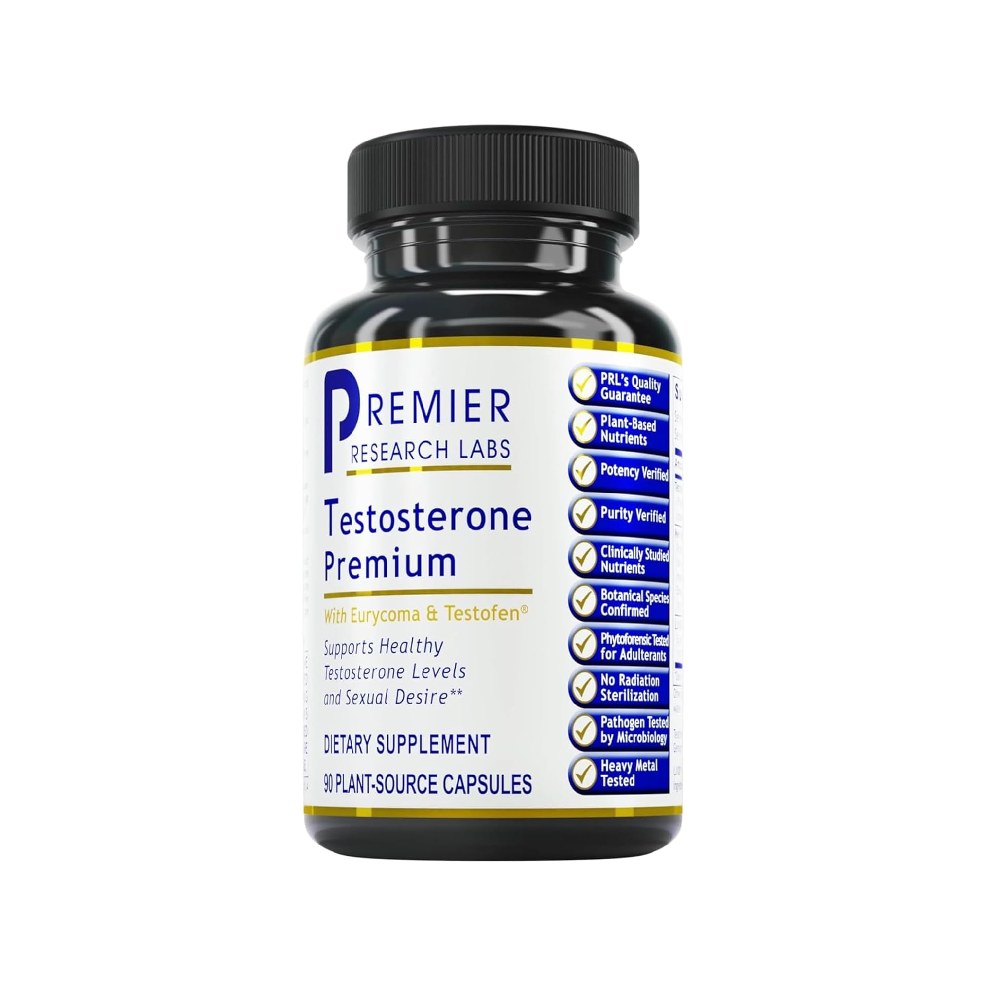 Premier Research Labs Testosterone Premium – bouteille et capsules, énergie potentielle