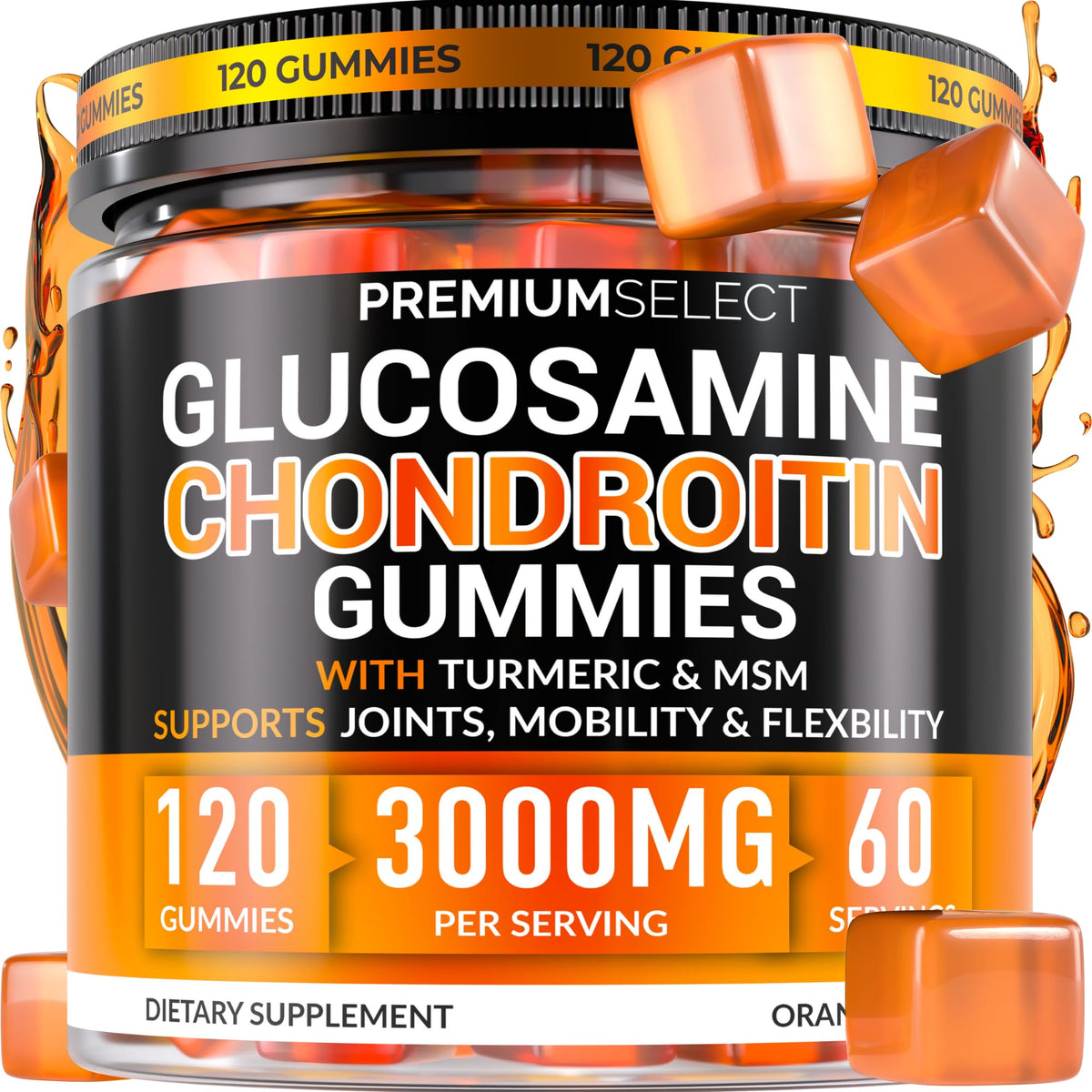 Gommes glucosamine-chondro Premium Select Nutrition dans la bouteille, soutien mobilité potentiel.