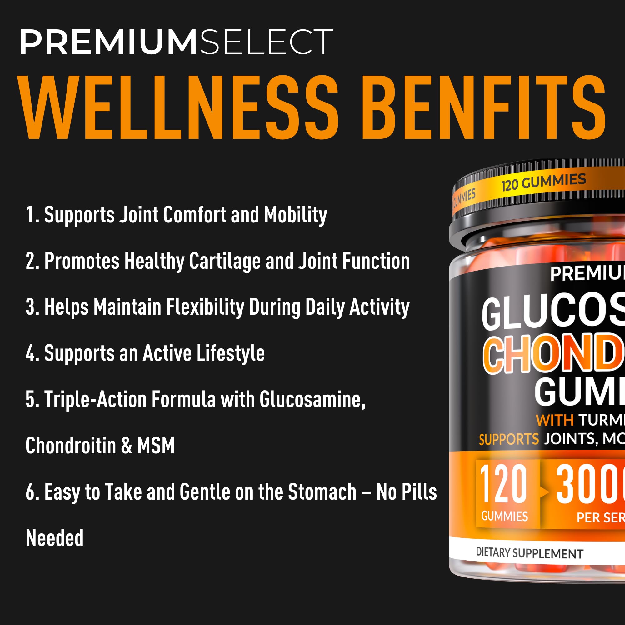 Ingrédients Premium Select Nutrition affichés, contribution potentielle à la flexibilité et au confort.