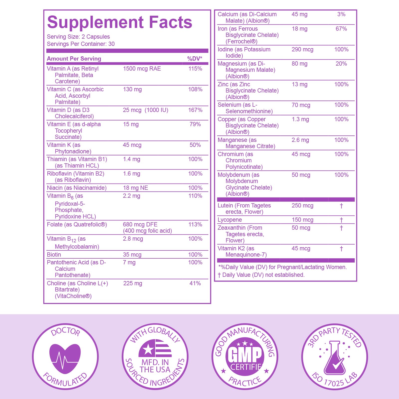 Premom ingrédients 27 nutriments, couverture nutritionnelle complète pour maman et bébé.