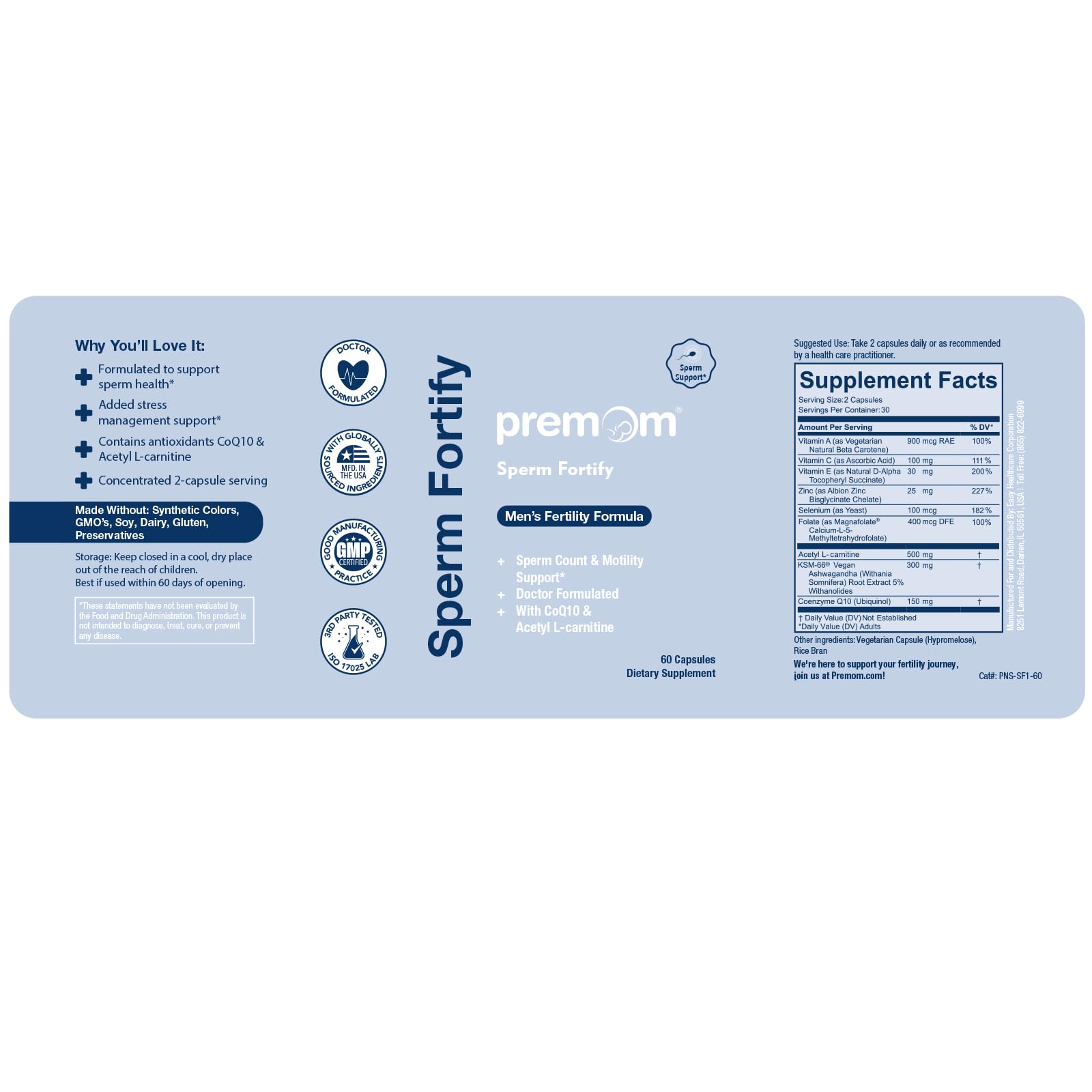 Acétyl-L-Carnitine dans Premom Sperm Fortify pour la vitalité masculine.