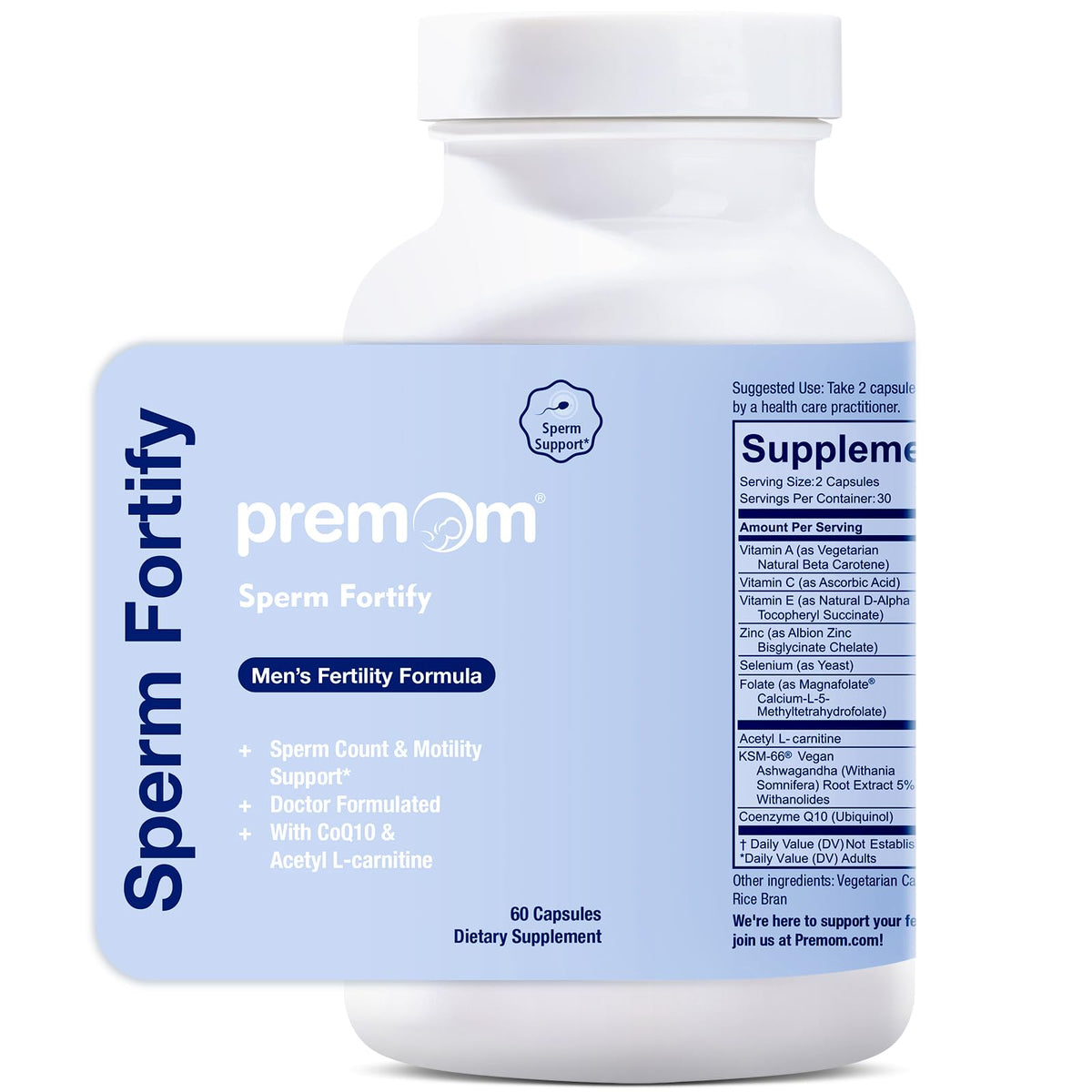 Premom Sperm Fortify – Bouteille compacte facilitant une prise quotidienne.