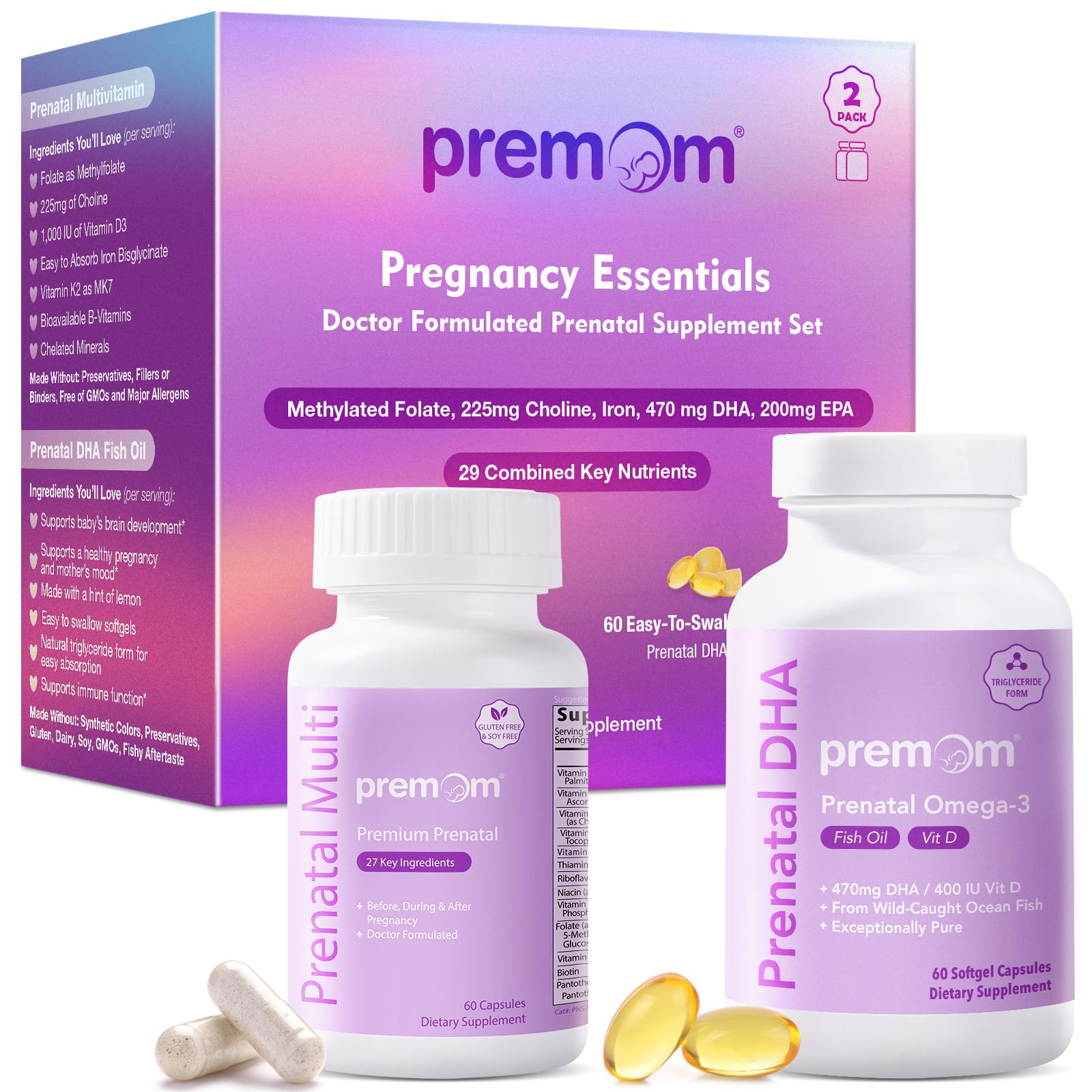 Premom vitamines prenatales en capsules, faciles à prendre pour une nutrition optimale.
