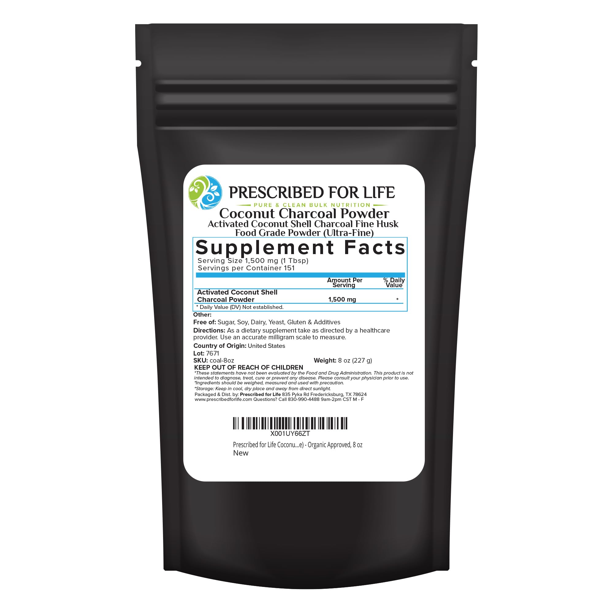 Prescribed For Life charbon activé coco, emballage clair pour stockage alimentaire sûr