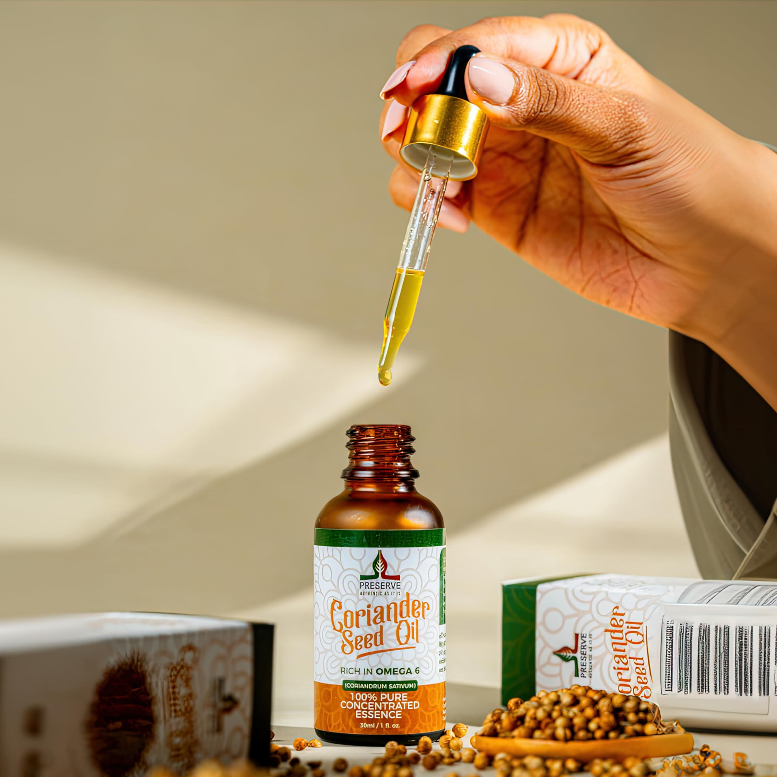 PRESERVE huile de coriandre pure, pipette incluse, parfum herbacé apaisant et réconfortant.