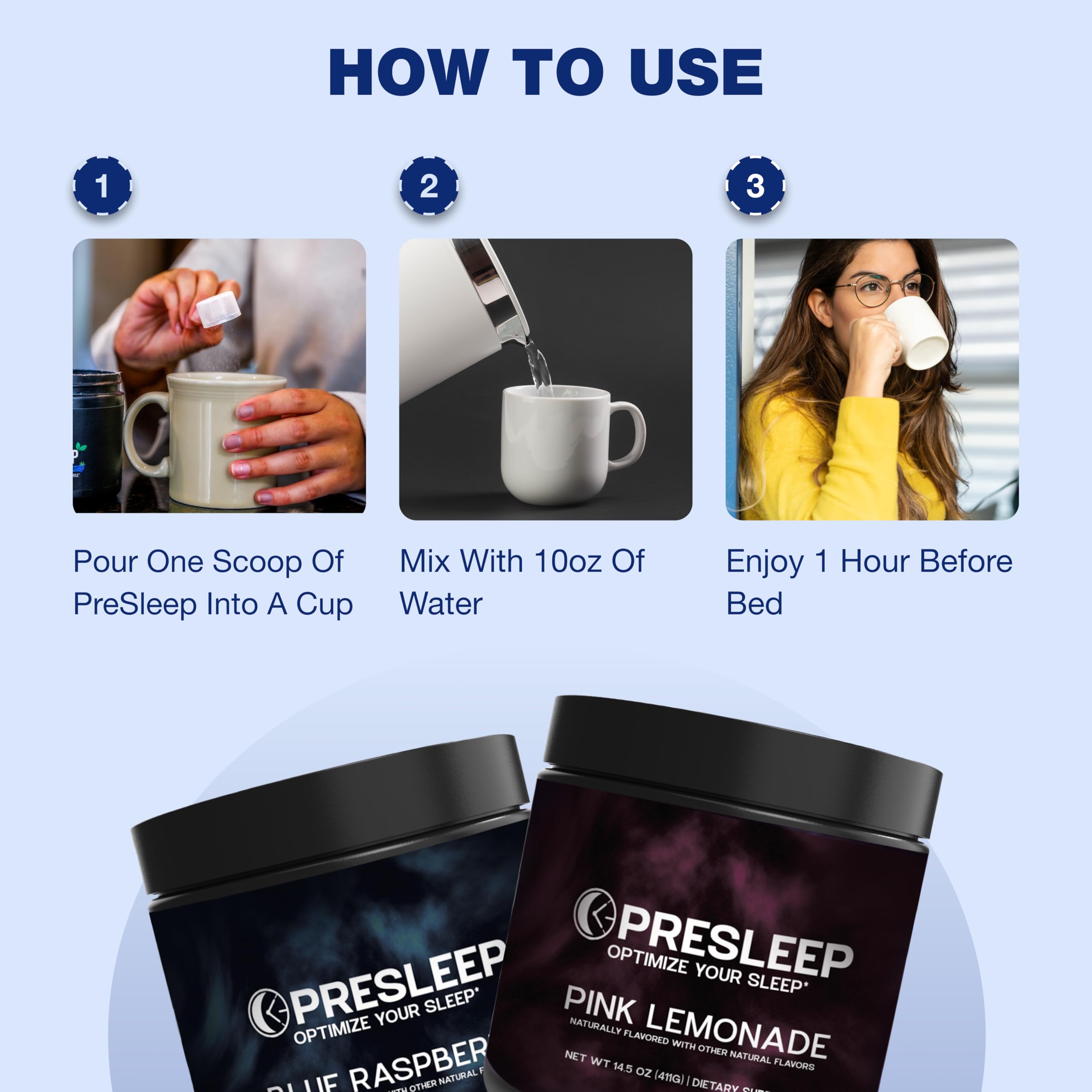 PreSleep poudre sommeil eau – dilution rapide pour un mélange rafraîchissant.