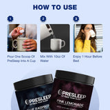 PreSleep poudre sommeil eau – dilution rapide pour un mélange rafraîchissant.