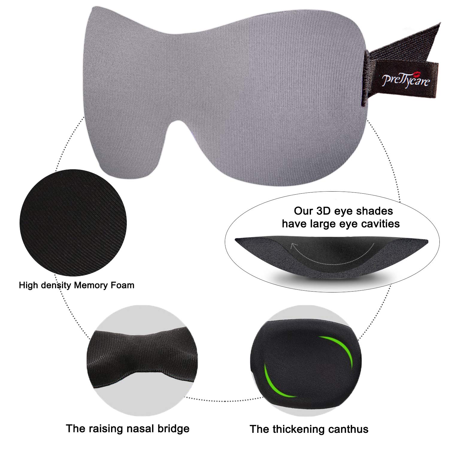 PrettyCare Masque Yeux 3D avec pont nasal relevé pour un ajustement sûr.