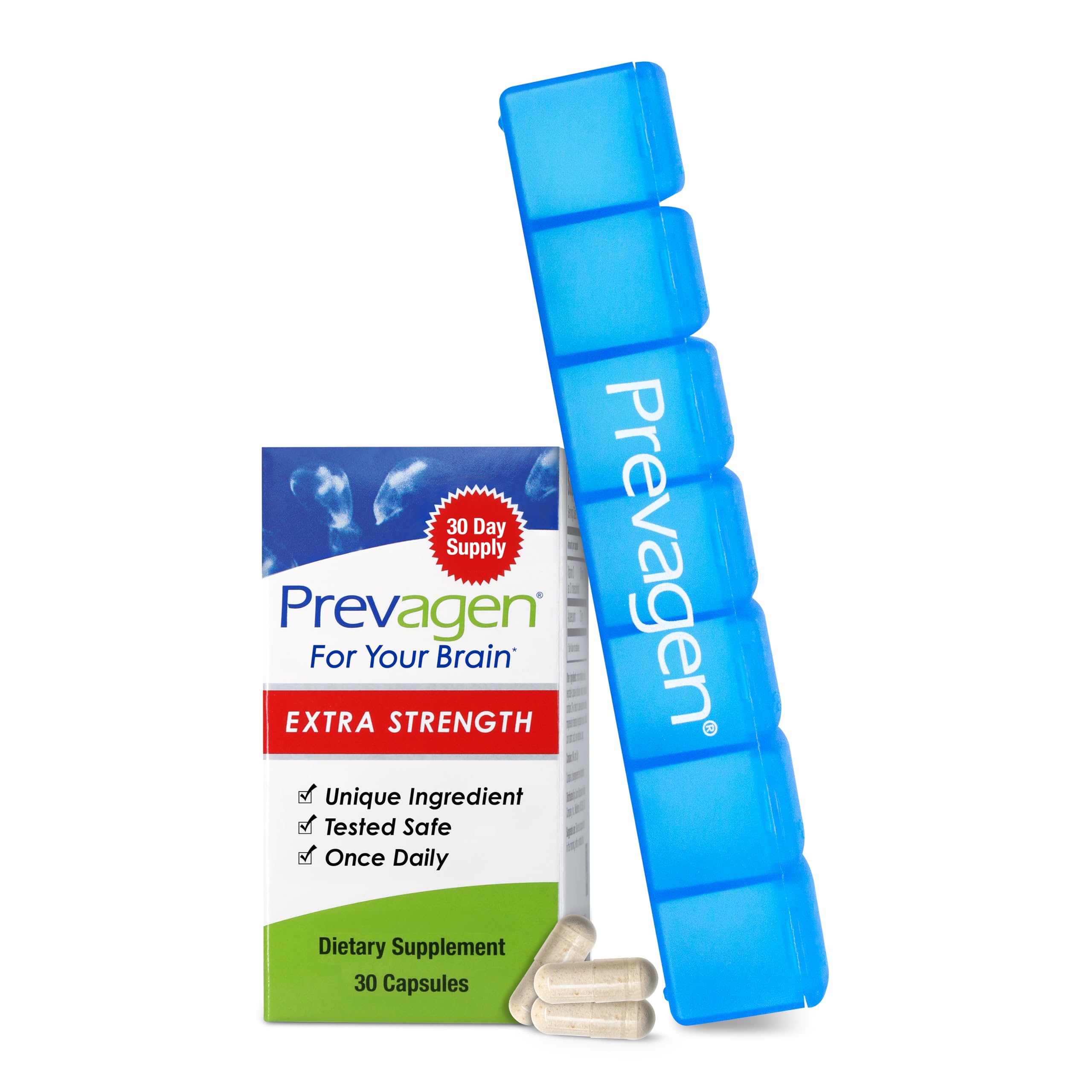 Prevagen Extra Strength gélules et emballage, utilisation quotidienne recommandée.