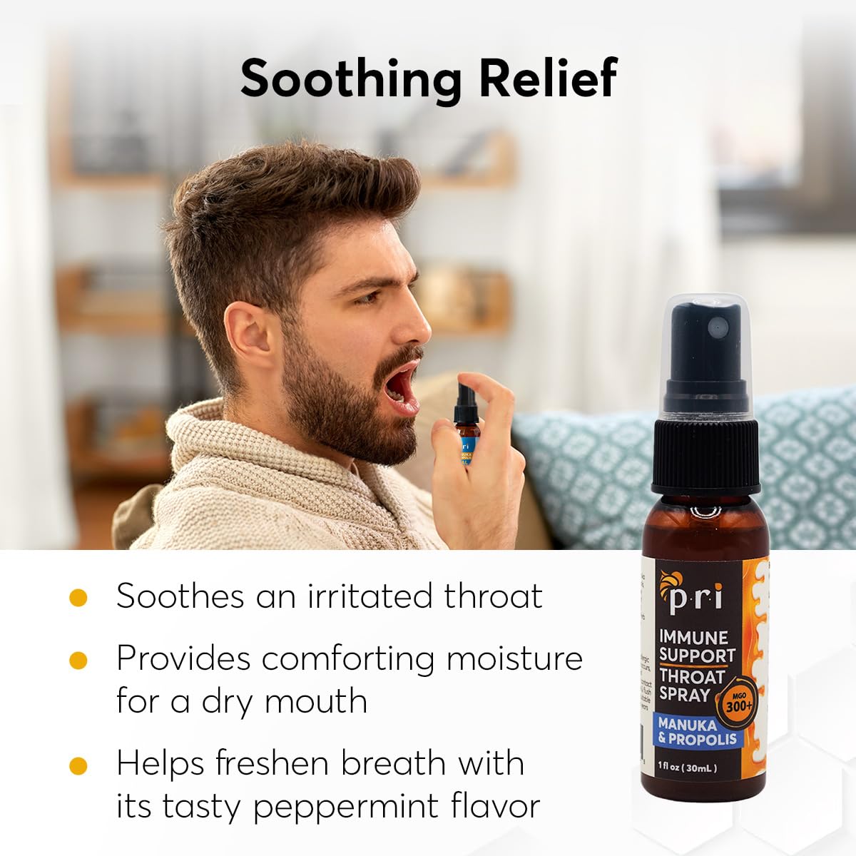 P.R.I Propolis spray gorge: application rapide pour l'irritation.