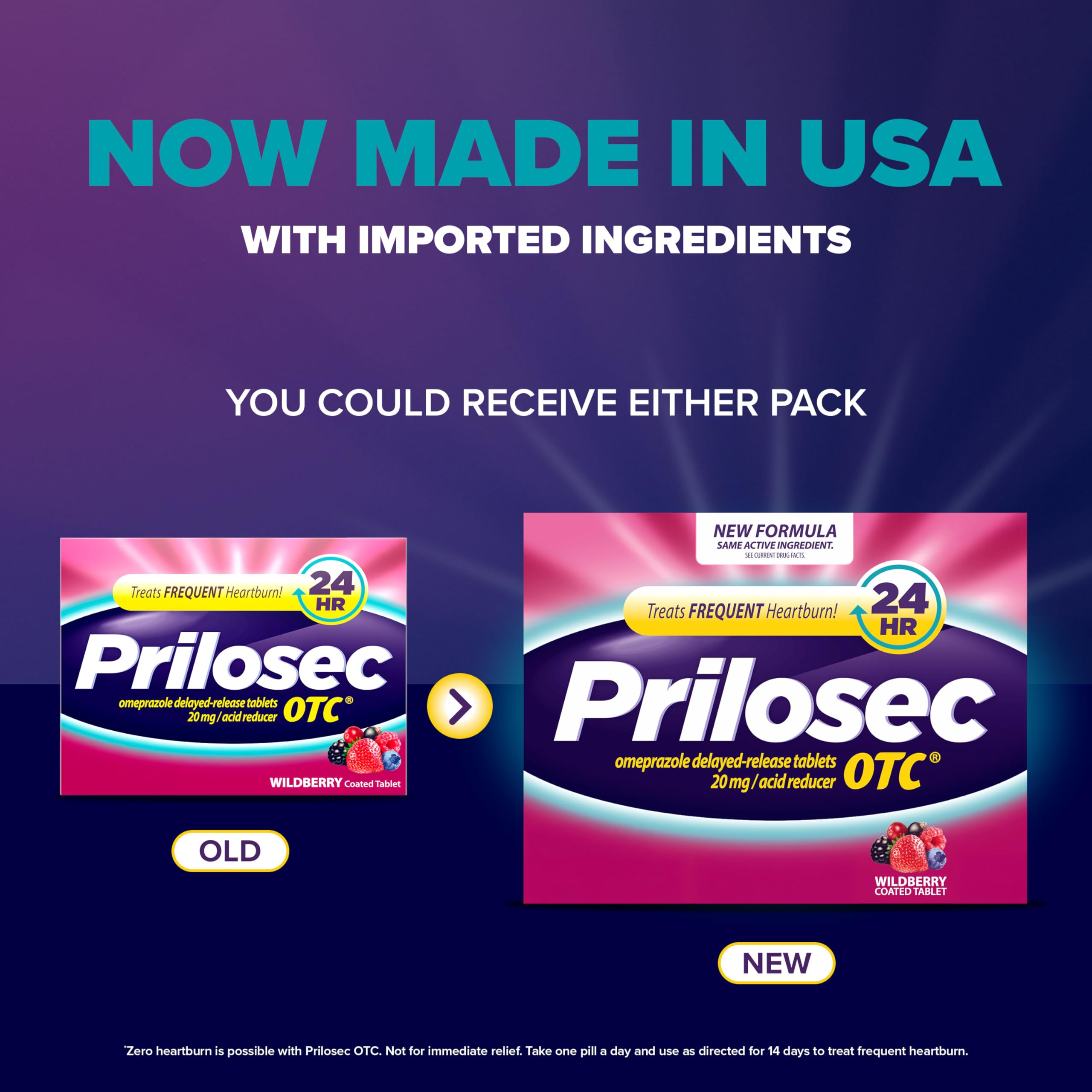 Boîte Prilosec OTC et emballage clair sur fond blanc.