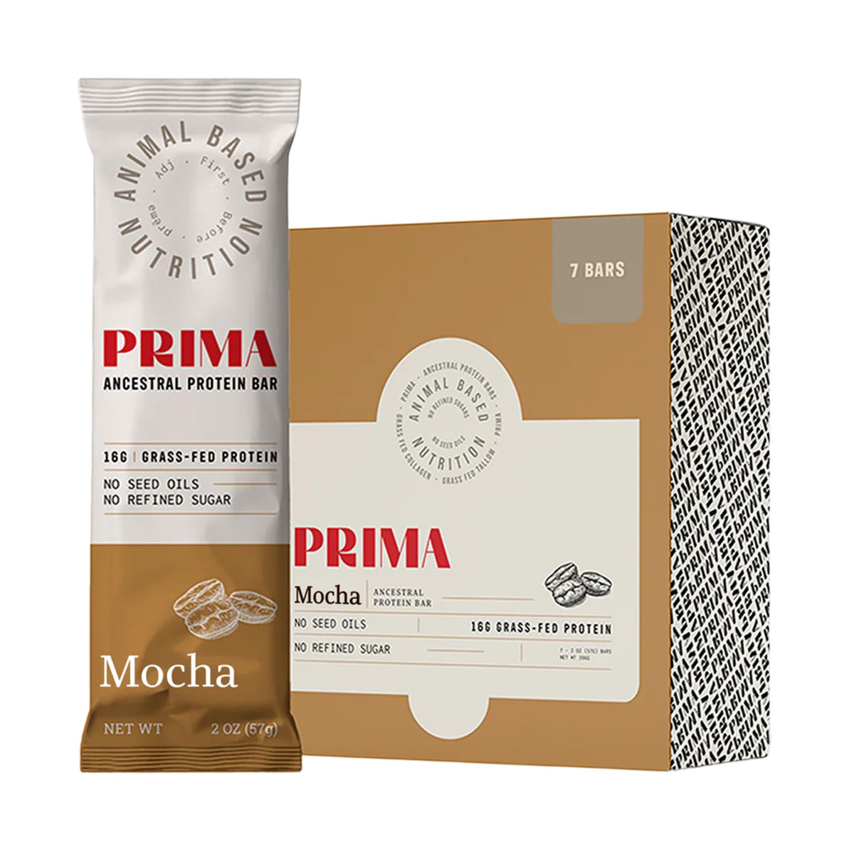 PRIMA ANCESTRAL PROTEIN BAR emballage mocha, collation rapide et gourmande.