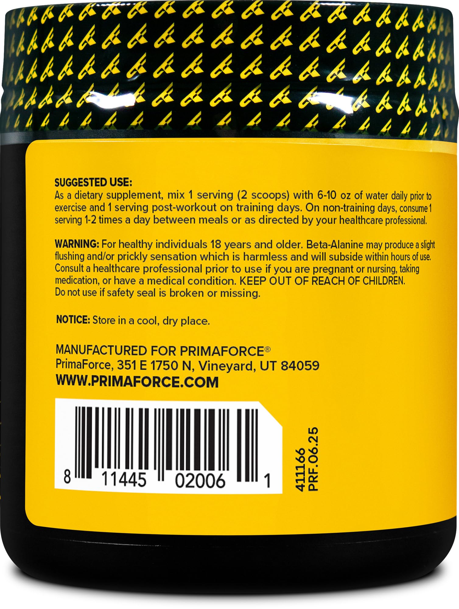Primaforce Bêta-Alanine Poudre Sans Saveur, dosage 100 portions, idéal pour longue utilisation.