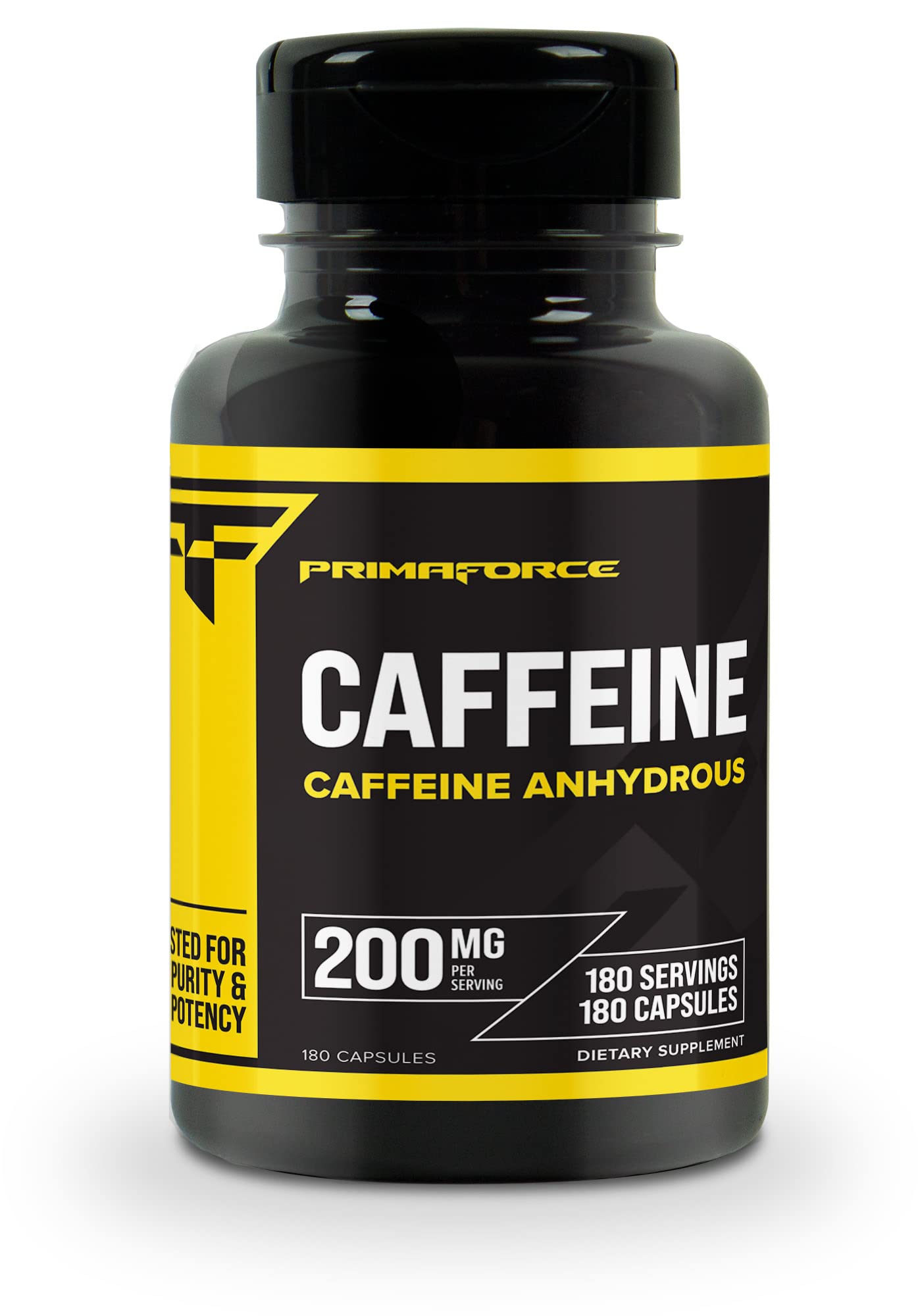 Bouteille Primaforce Caféine Pills de 200 mg, pratique et portable.