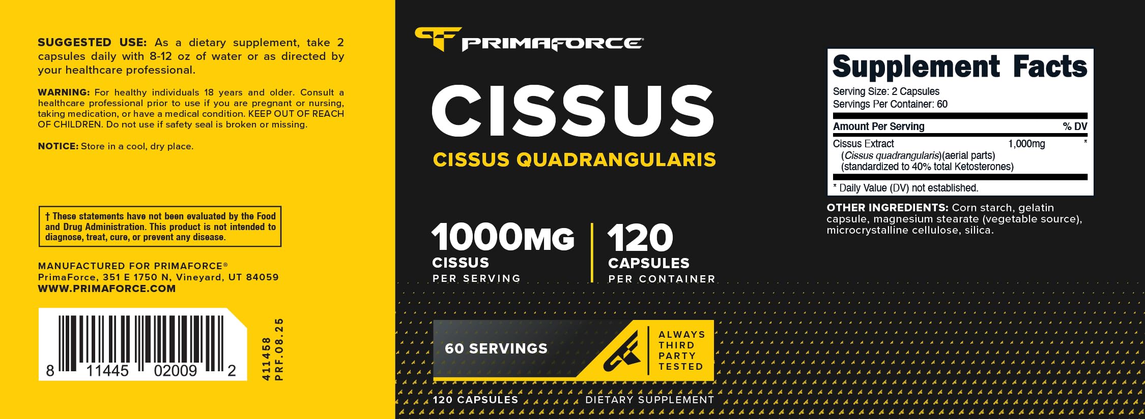 Primaforce Cissus Quadrangularis, capsules et extrait, soutien potentiel lors d'efforts répétés.