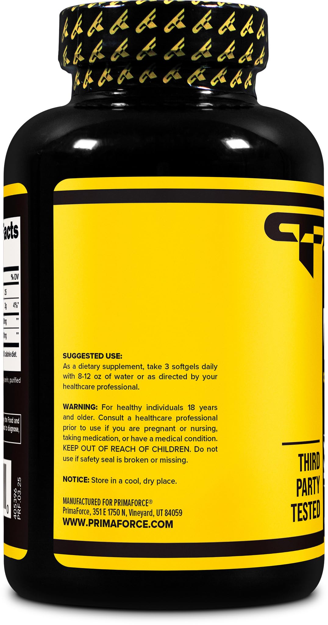 Capsules molles visibles, dosage clair dans le flacon Primaforce CLA 2400 mg.