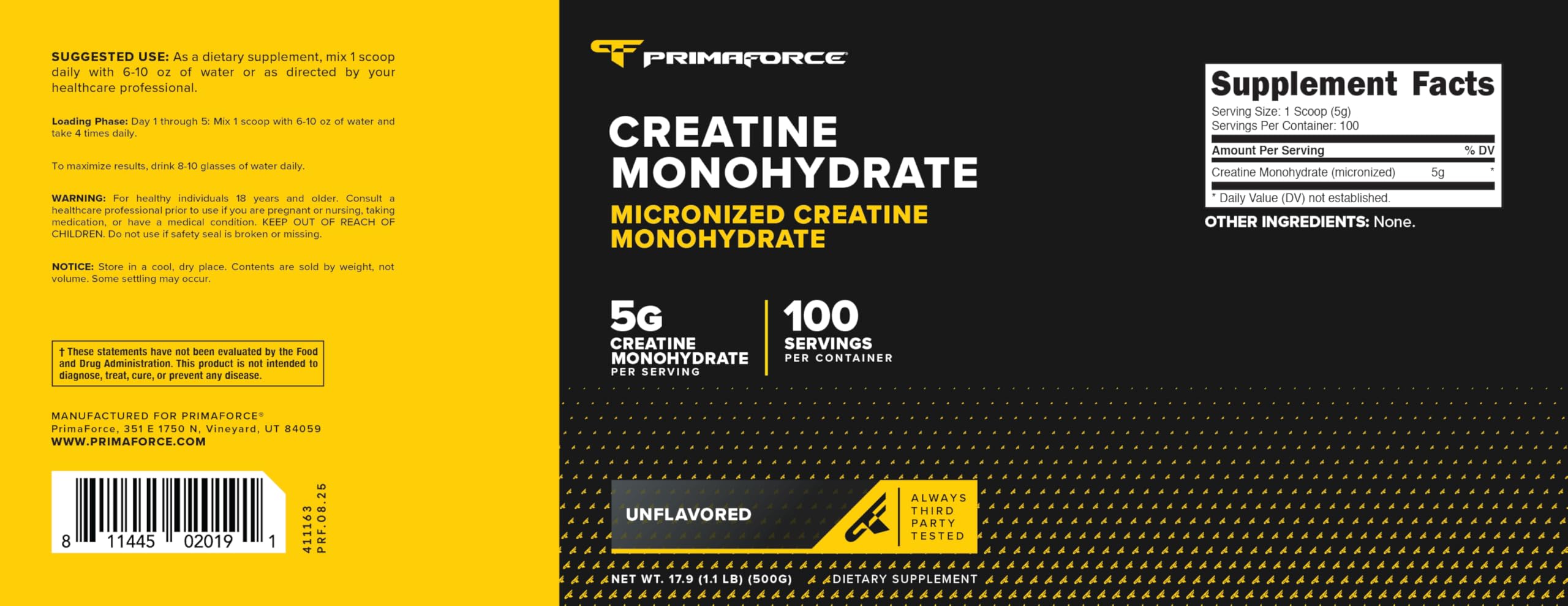 Primaforce Créatine micronisée, emballage de 500 g facile à ranger.