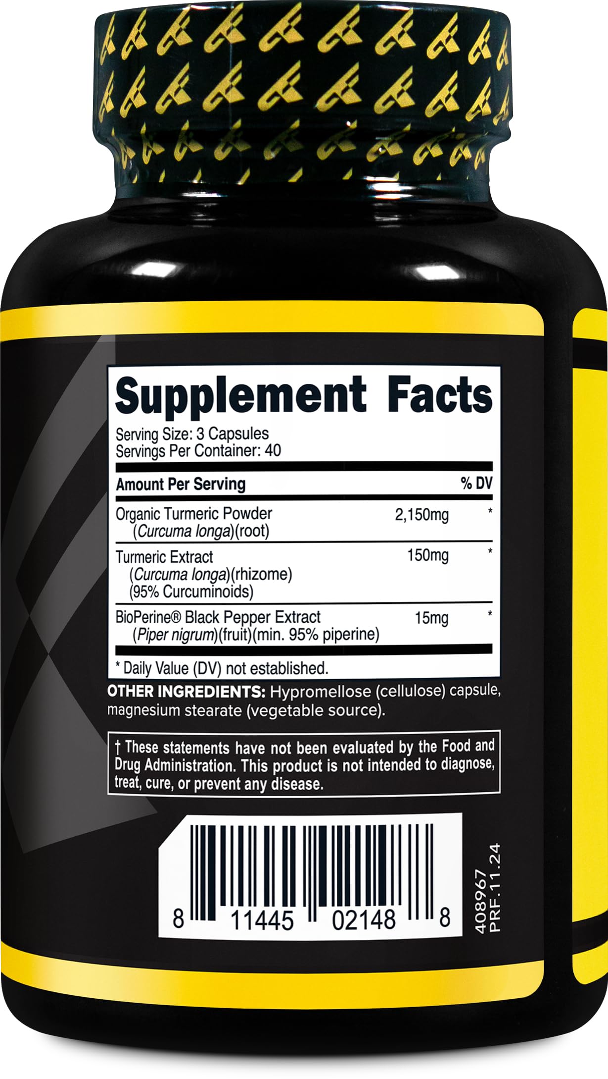 Primaforce Curcuma Bioperine – panel d'ingrédients clairement affiché.