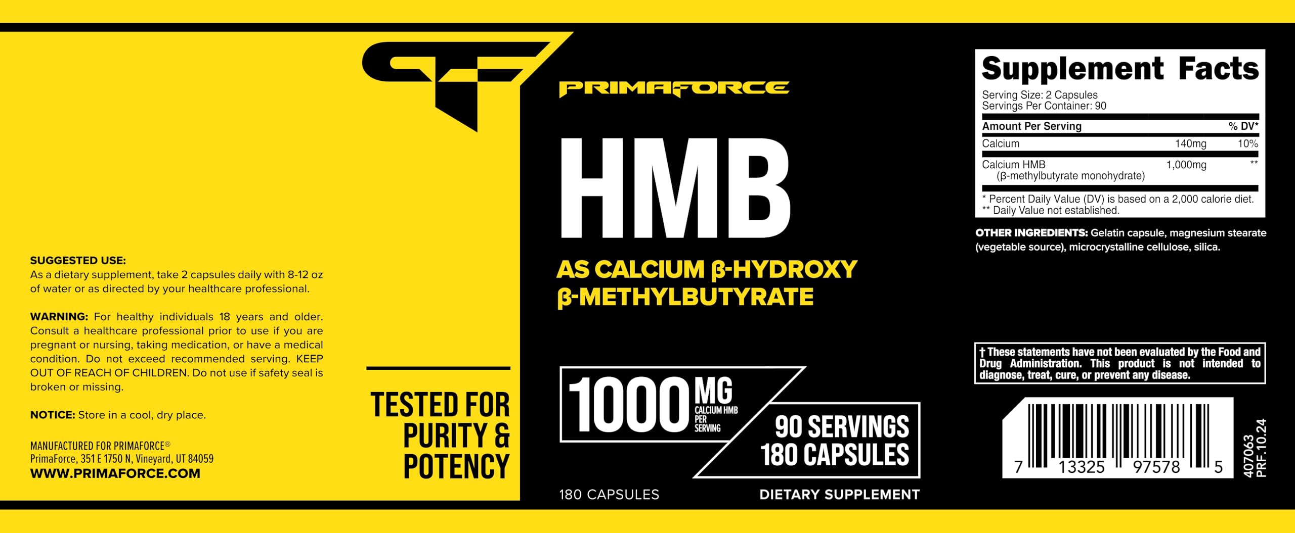 Emballage Primaforce HMB, rappel de pureté et absence d'OGM.