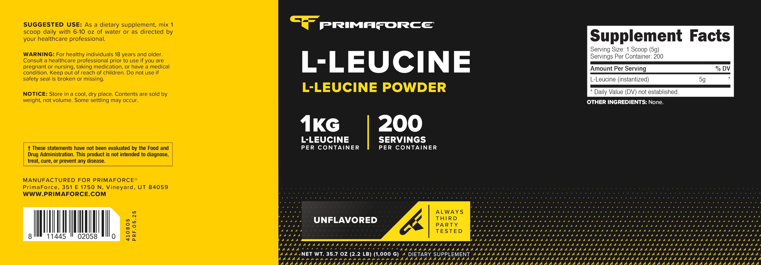 Primaforce L‑Leucine en poudre dans un shaker pré-entraînement, soutien potentiel de l'endurance.