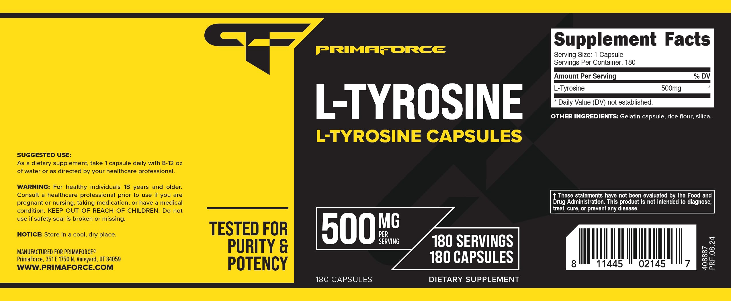 Primaforce L-Tyrosine: bouteille ouverte pour contrôle visuel.