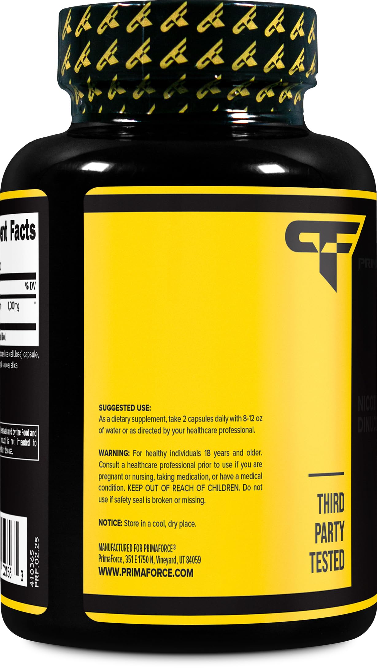 Primaforce NAD+ – Étiquette claire indiquant le dosage et les informations produit.